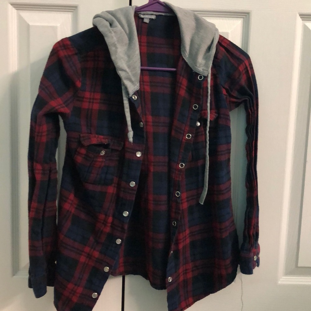 Button-up shirt with hoodie
